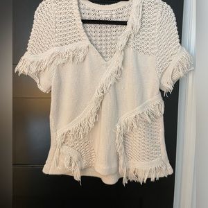 Anthropologie cream knit fringe tee